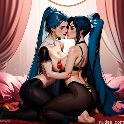 Woman Two Huge Boobs Big Ass 20s Black Hair Blue Hair Long Hair Pigtails Korean Bedroom Kisses Nightgown Yoga Pants Pantyhose Reverse Bunny Suit