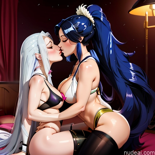 Woman Two Huge Boobs Big Ass 20s Black Hair Blue Hair Long Hair Pigtails Korean Bedroom Kisses Yoga Pants Reverse Bunny Suit White Hair Green Hair Purple Hair Bangs Slicked Messy Sports Bra Stockings Panties