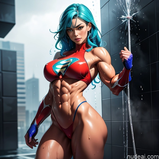 Superheroine Superhero Busty Muscular Powering Up Abs Shower