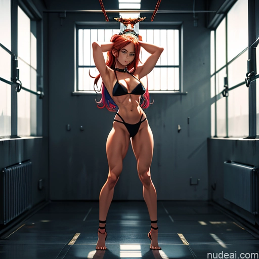 related ai porn images free for Bodybuilder Busty Small Tits Muscular Abs Long Legs Tall Tanned Skin Oiled Body 20s Serious Ginger Long Hair Prison Front View T-pose Choker Thong Medieval Topless Bondage Anime