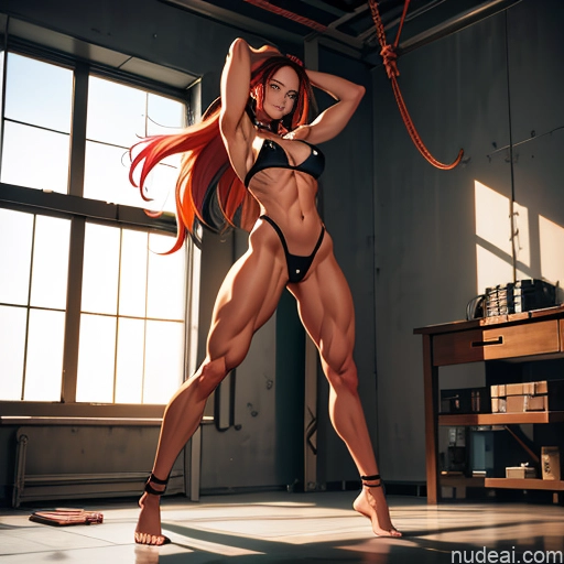 related ai porn images free for Bodybuilder Busty Small Tits Muscular Abs Long Legs Tall Tanned Skin Oiled Body 20s Serious Ginger Long Hair Prison Front View T-pose Choker Thong Medieval Topless Bondage Anime