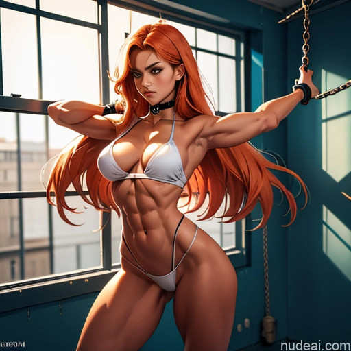 related ai porn images free for Bodybuilder Busty Small Tits Muscular Abs Long Legs Tall Tanned Skin Oiled Body 20s Serious Ginger Long Hair Prison Front View T-pose Choker Thong Medieval Topless Bondage Anime