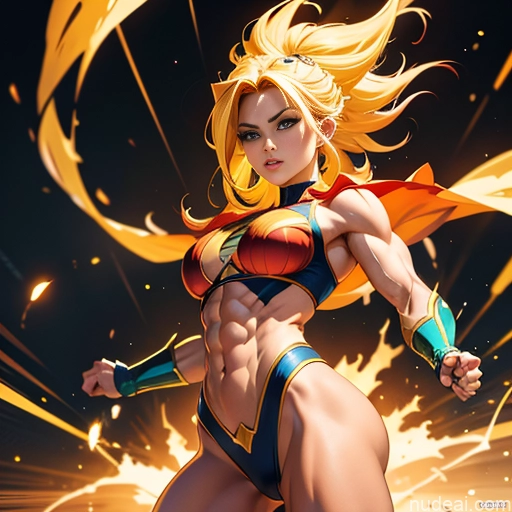 ai nude image of pics of Super Saiyan Superhero Muscular Busty Abs Front View Superheroine Powering Up