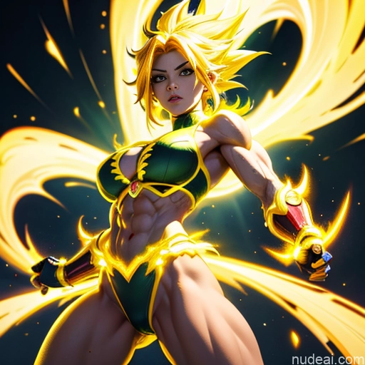 ai nude image of pics of Super Saiyan Superhero Muscular Busty Abs Powering Up Superheroine Neon Lights Clothes: Yellow