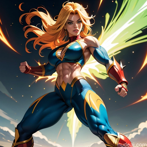 Superhero Muscular Busty Abs Powering Up Superheroine Super Saiyan 3