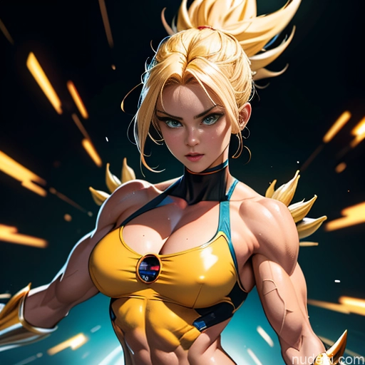 Superhero Muscular Busty Abs Powering Up Superheroine Super Saiyan 3 Blonde Science Fiction Style