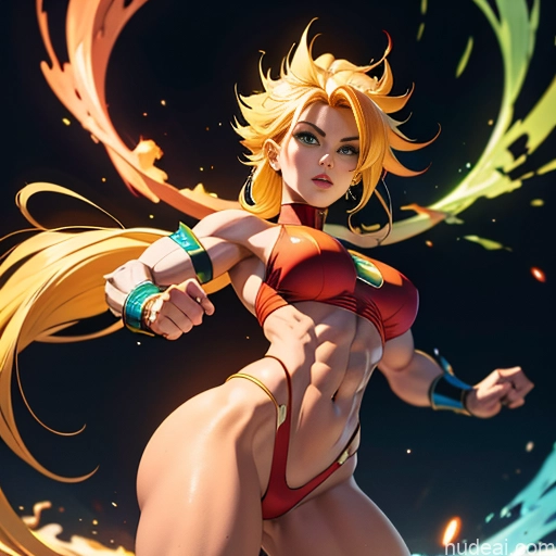 Superhero Muscular Busty Abs Powering Up Superheroine Super Saiyan 3 Science Fiction Style Super Saiyan