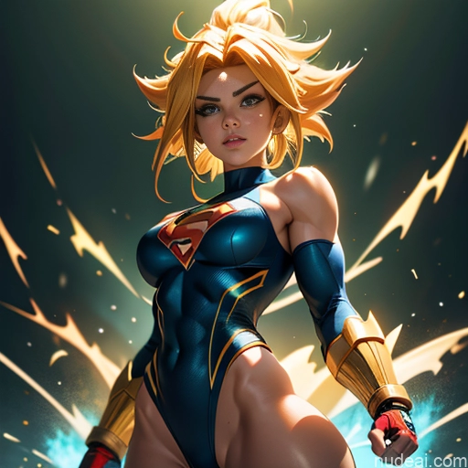 Superhero Muscular Busty Abs Powering Up Superheroine Super Saiyan 3 Science Fiction Style Super Saiyan