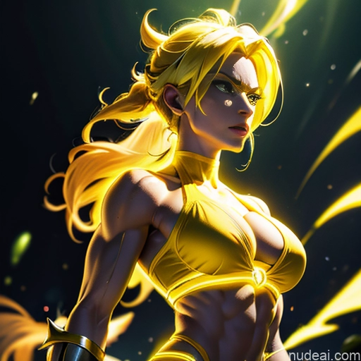 ai nude image of pics of Muscular Busty Abs Powering Up Science Fiction Style Super Saiyan Super Saiyan 3 Superheroine Superhero Neon Lights Clothes: Yellow