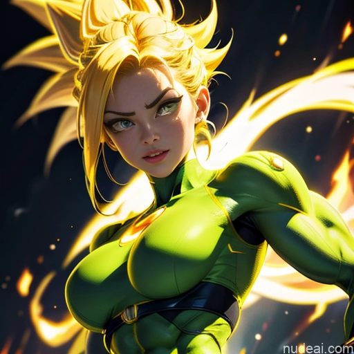 Muscular Busty Abs Powering Up Science Fiction Style Super Saiyan Super Saiyan 3 Superheroine Superhero Neon Lights Clothes: Yellow