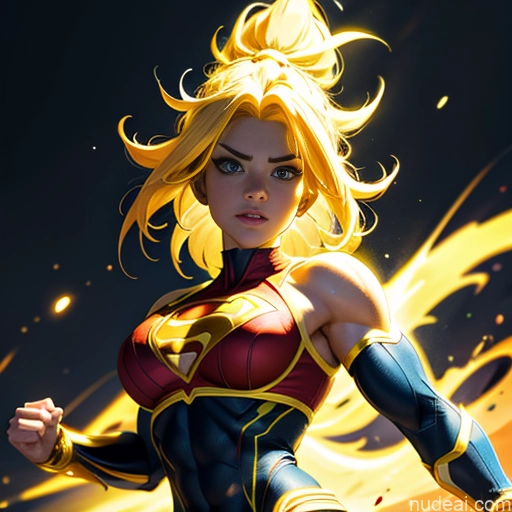 Muscular Busty Abs Powering Up Science Fiction Style Super Saiyan Super Saiyan 3 Superheroine Superhero Neon Lights Clothes: Yellow