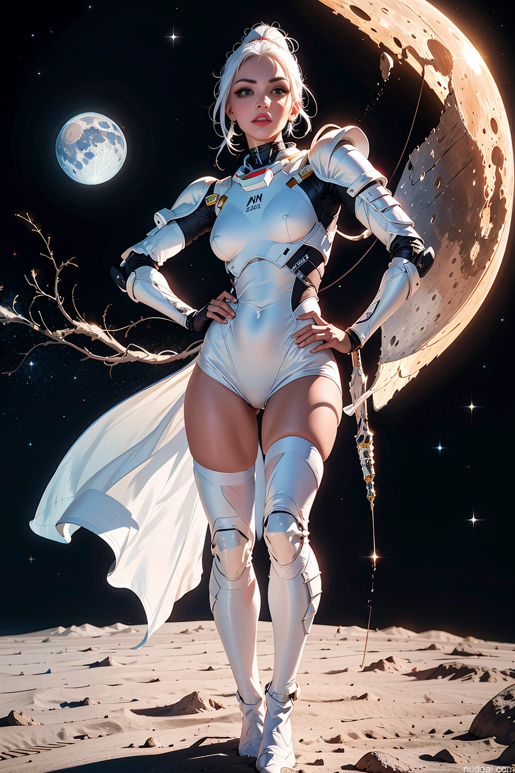 ai nude image of pics of Milf One Small Tits Lipstick Long Legs 20s Pouting Lips White Hair Ponytail White Painting Moon Front View Dress Fantasy Armor Sci-fi Armor Space Suit Dark Lighting Jewelry