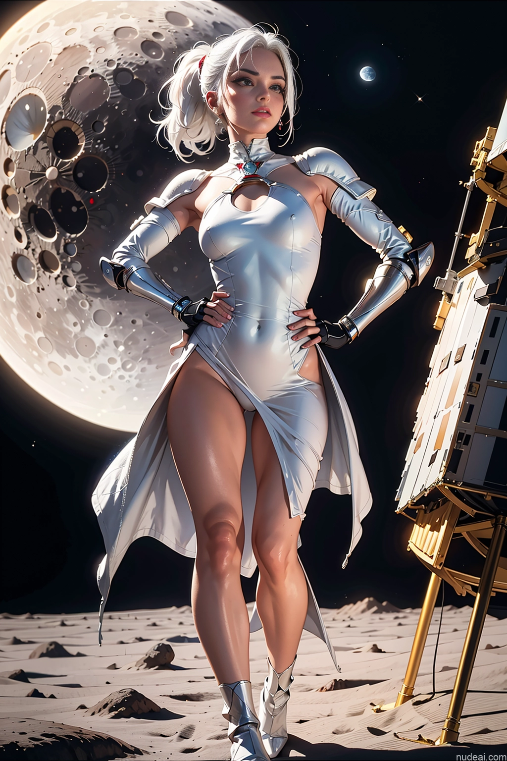 ai nude image of pics of Milf One Small Tits Lipstick Long Legs 20s Pouting Lips White Hair Ponytail White Painting Moon Front View Dress Fantasy Armor Sci-fi Armor Space Suit Dark Lighting Jewelry