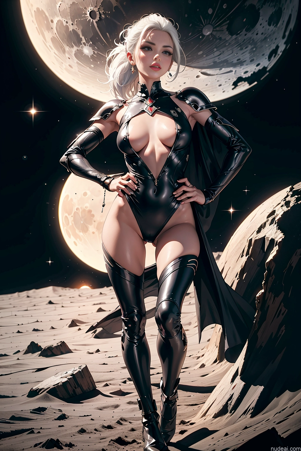 related ai porn images free for Milf One Small Tits Lipstick Long Legs 20s Pouting Lips White Hair Ponytail White Painting Moon Front View Dress Fantasy Armor Sci-fi Armor Space Suit Dark Lighting Jewelry Partially Nude Topless