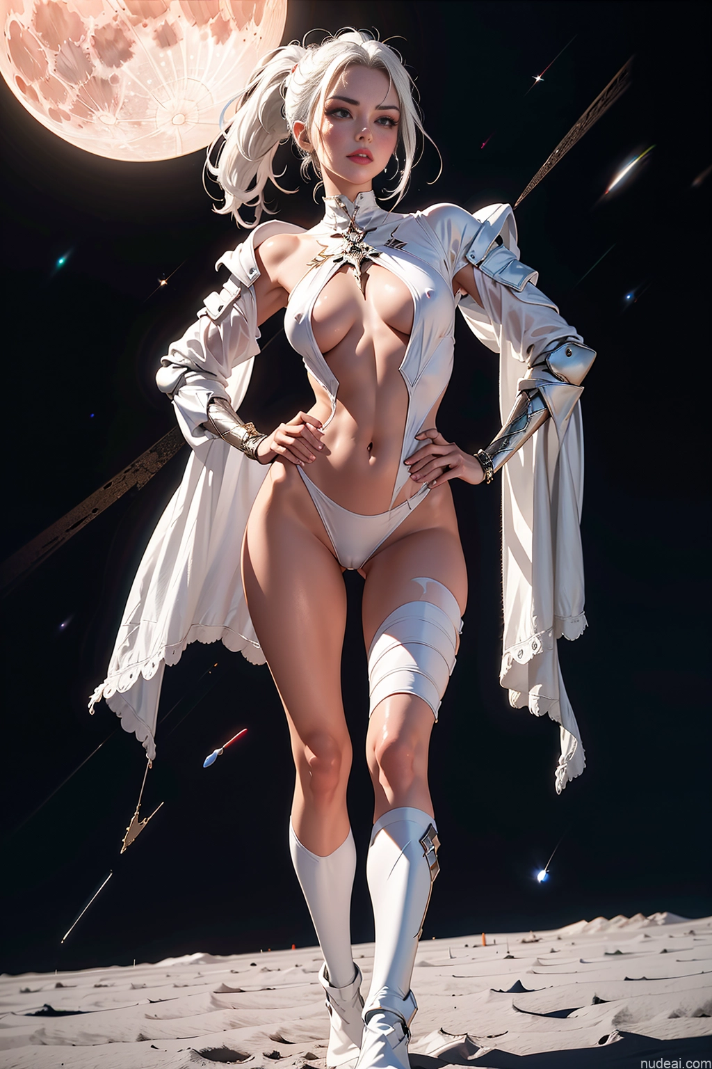 ai nude image of pics of Milf One Small Tits Lipstick Long Legs 20s Pouting Lips White Hair Ponytail White Painting Moon Front View Dress Fantasy Armor Sci-fi Armor Space Suit Dark Lighting Jewelry Partially Nude Topless Nude