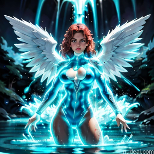 Israel Jewish Superhero Bodybuilder Busty Abs Powering Up Heat Vision Regal Neon Lights Clothes: Blue Has Wings Muscular Curly Hair Shower