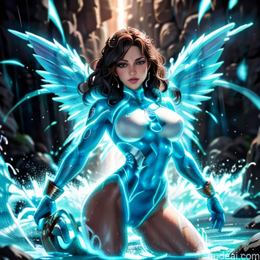 Israel Jewish Superhero Bodybuilder Busty Abs Powering Up Heat Vision Regal Neon Lights Clothes: Blue Has Wings Muscular Curly Hair Shower