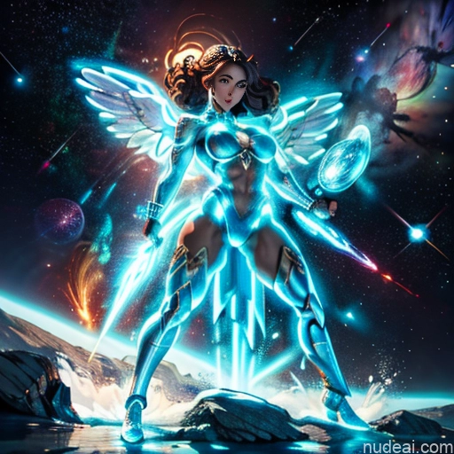 ai nude image of pics of Israel Jewish Superhero Bodybuilder Busty Abs Powering Up Heat Vision Regal Has Wings Muscular Curly Hair Science Fiction Style Space Dynamic View Neon Lights Clothes: Blue