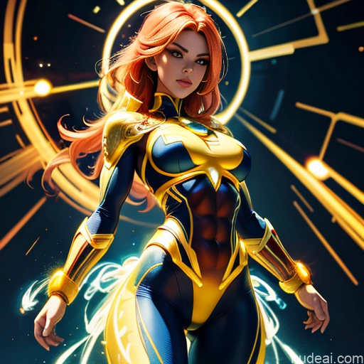 ai nude image of pics of Superhero Busty Abs Muscular Ukraine Superheroine Powering Up Neon Lights Clothes: Yellow Heat Vision Dynamic View Science Fiction Style