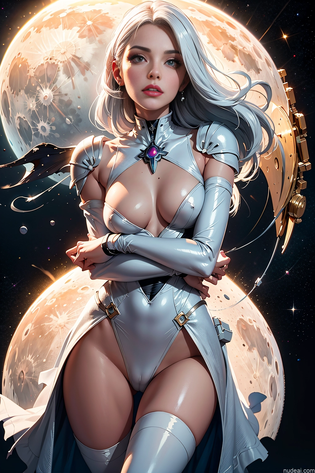 ai nude image of pics of Milf One Small Tits Lipstick Tall Pouting Lips White Hair Painting Front View Moon Dress Fantasy Armor Sci-fi Armor Space Suit Partially Nude Topless Transparent Cleavage Jewelry Nude