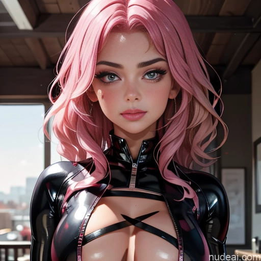 Athlete Several Busty Perfect Boobs Lipstick Muscular Skinny Abs Perfect Body 18 Seductive Pink Hair German Detailed Pouting Lips Hijiri's Cross-Laced Latex Bikesuit