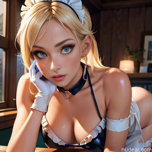 Woman Gloves Maid Bikini Perfect Body Sexy Face Blonde Dress Bending Over No Panties?