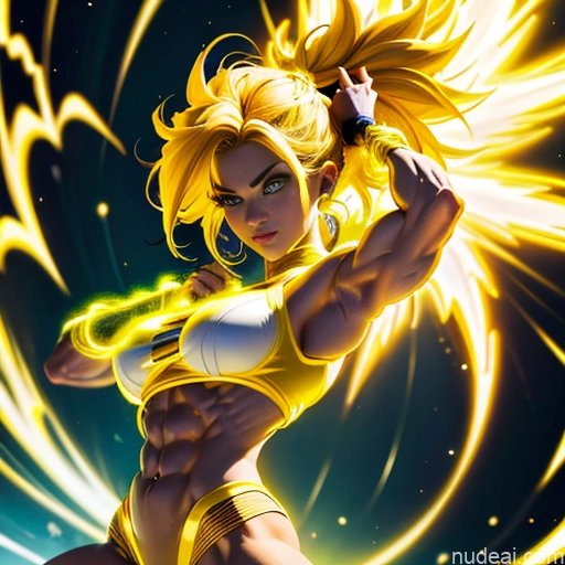 ai nude image of pics of Busty Muscular Abs Super Saiyan Superhero Bodybuilder Powering Up Neon Lights Clothes: Yellow