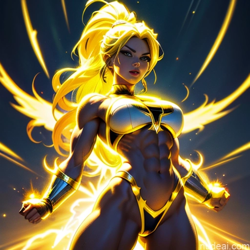 ai nude image of pics of Busty Muscular Abs Superhero Powering Up Neon Lights Clothes: Yellow Superheroine Super Saiyan Regal