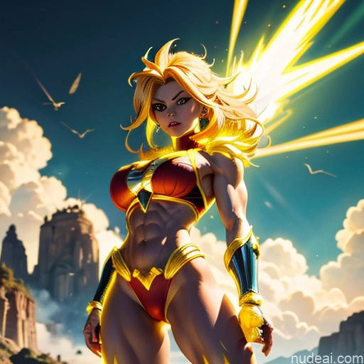 ai nude image of pics of Busty Muscular Abs Superhero Powering Up Neon Lights Clothes: Yellow Superheroine Super Saiyan Regal