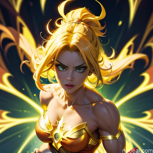 ai nude image of pics of Busty Muscular Abs Superhero Powering Up Neon Lights Clothes: Yellow Superheroine Super Saiyan Regal