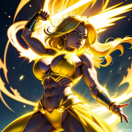 ai nude image of pics of Busty Muscular Abs Superhero Superheroine Super Saiyan 3 Super Saiyan Neon Lights Clothes: Yellow Regal Powering Up