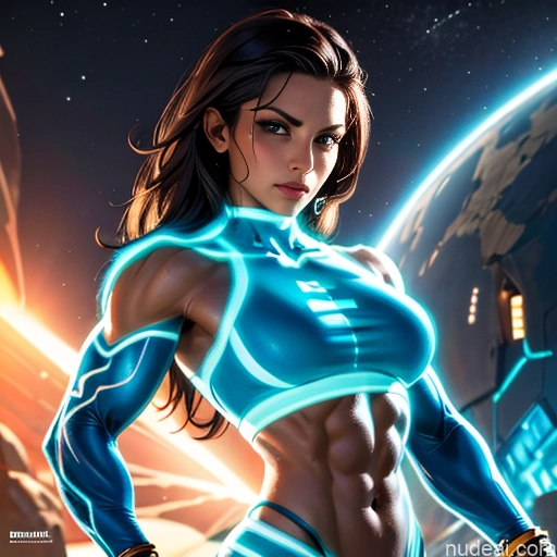 ai nude image of pics of Israel Jewish Busty Muscular Abs Superhero Science Fiction Style Dynamic View Bodybuilder Neon Lights Clothes: Blue