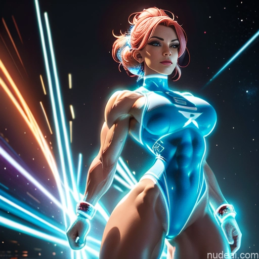 ai nude image of pics of Israel Jewish Busty Muscular Abs Superhero Science Fiction Style Dynamic View Bodybuilder Neon Lights Clothes: Blue Powering Up