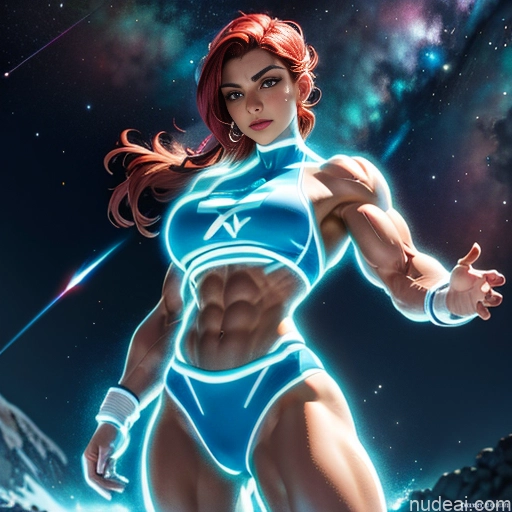 ai nude image of pics of Israel Jewish Busty Muscular Abs Superhero Bodybuilder Neon Lights Clothes: Blue Powering Up