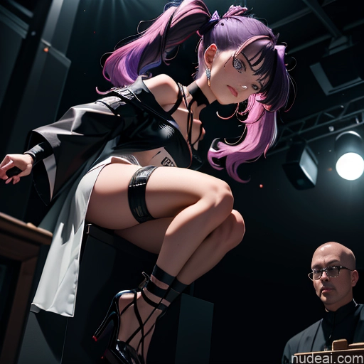 ai nude image of pics of Small Tits 18 Sad Purple Hair Pigtails Angst Stage Choker Bdsm High Heels Dark Lighting Detailed Kidnapped-bdsm-willing Partner Two