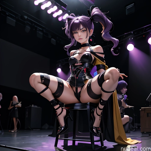 ai nude image of pics of Small Tits 18 Sad Purple Hair Pigtails Angst Stage Choker Bdsm High Heels Dark Lighting Detailed Kidnapped-bdsm-willing Partner Two Spreading Legs