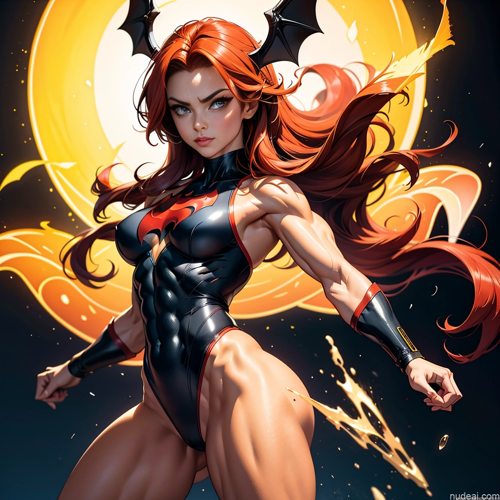 Batwoman Busty Small Tits Powering Up Abs Bodybuilder Neon Lights Clothes: Red Muscular