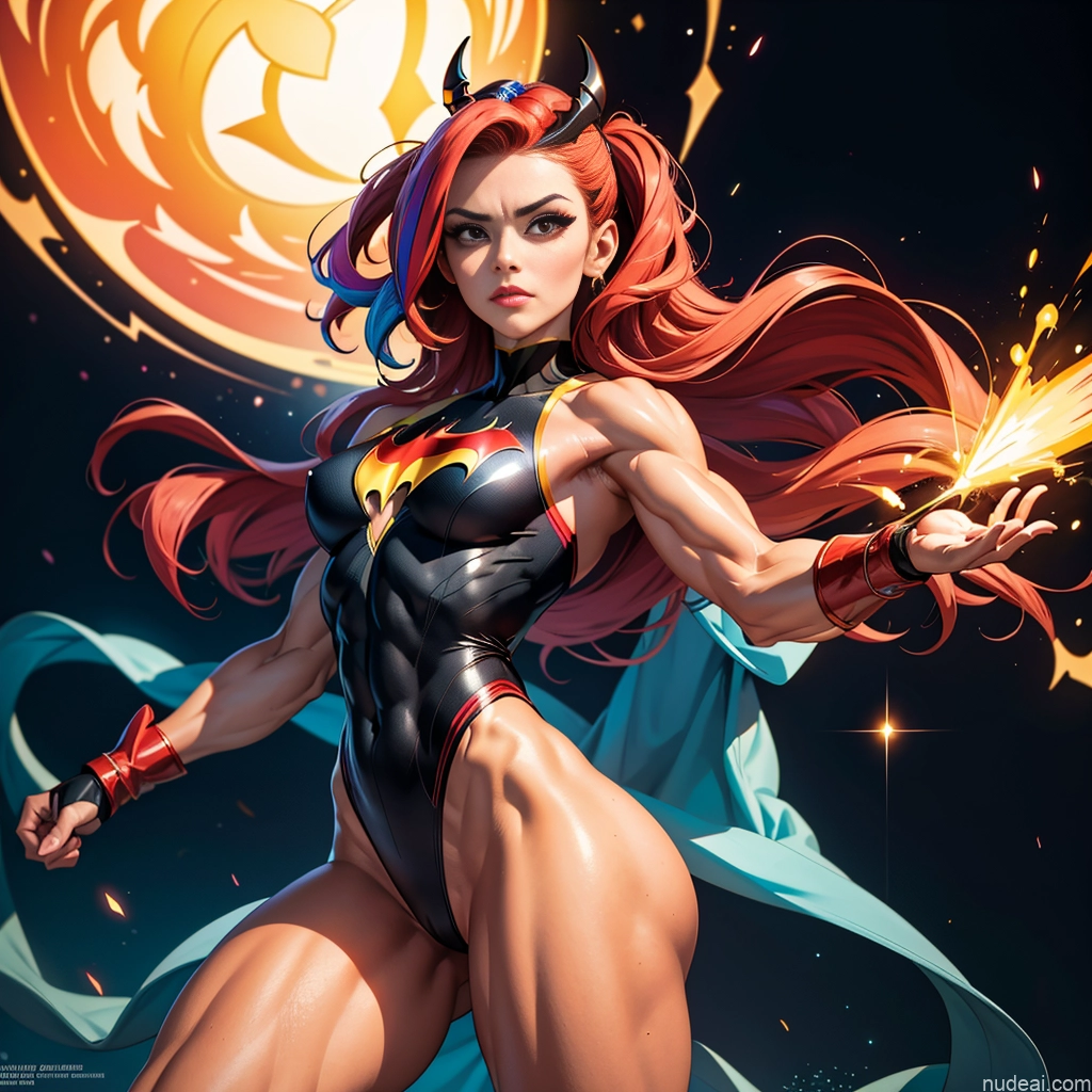 Batwoman Busty Small Tits Powering Up Abs Neon Lights Clothes: Red Regal Bodybuilder Muscular