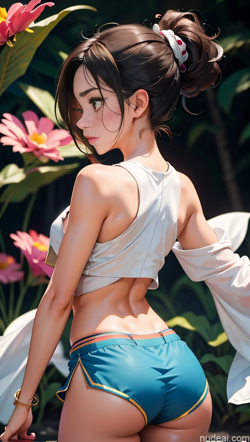 ai nude image of pics of One Sorority Skinny Perfect Boobs Small Ass 20s Sad Shocked Brunette Ponytail White Soft Anime Back View Crop Top Sari Short Shorts