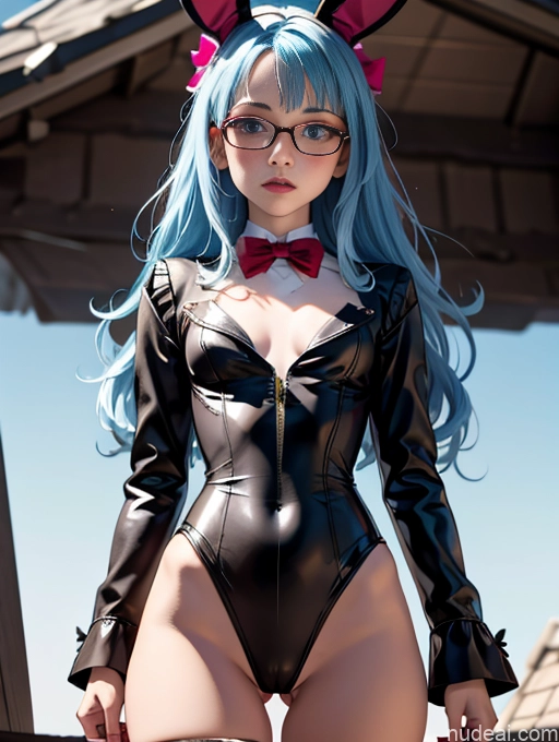 Skinny Small Ass Small Tits Glasses Short Fairer Skin 20s Shocked Blue Hair British Playboy Bunny Woman Long Hair Witch Thigh Socks Close-up View Bows Cowgirl Outfit