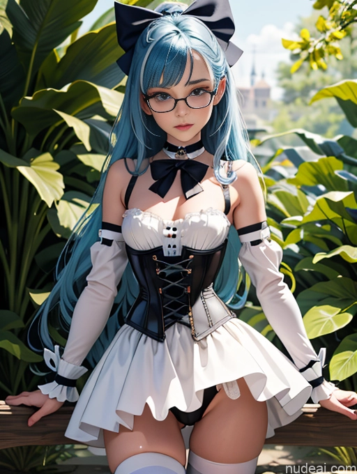 ai nude image of pics of Skinny Small Ass Small Tits Glasses Short Fairer Skin 20s Shocked Blue Hair British Long Hair Thigh Socks Close-up View Bows Choker Corset Dress