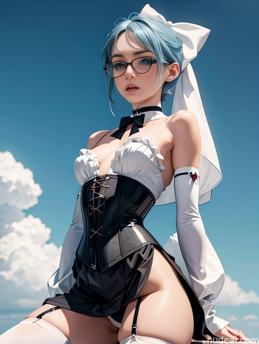 ai nude image of pics of Skinny Small Ass Small Tits Glasses Short Fairer Skin 20s Shocked Blue Hair Long Hair Thigh Socks Close-up View Bows Choker Corset Dress White