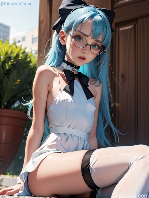 ai nude image of pics of Skinny Small Ass Small Tits Glasses Short Fairer Skin 20s Shocked Blue Hair Long Hair Thigh Socks Close-up View Bows Choker White Stockings Sundress