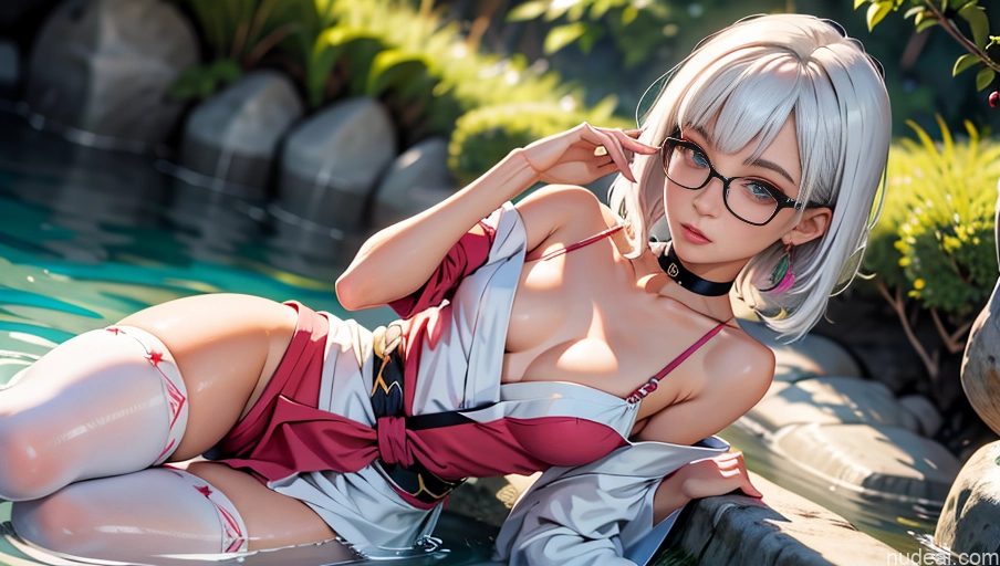 ai nude image of pics of Woman One Skinny Long Legs 20s Seductive White Hair Bangs Japanese Thigh Socks Kimono Choker Glasses Onsen Crisp Anime Beautiful Mini Skirt Busty