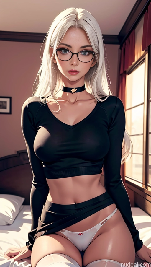 ai nude image of pics of Woman One Beautiful Glasses Skinny Perfect Body Long Legs Perfect Boobs 20s Seductive White Hair White Bedroom Choker Crisp Anime Long Hair Thigh Socks Sweater Panties