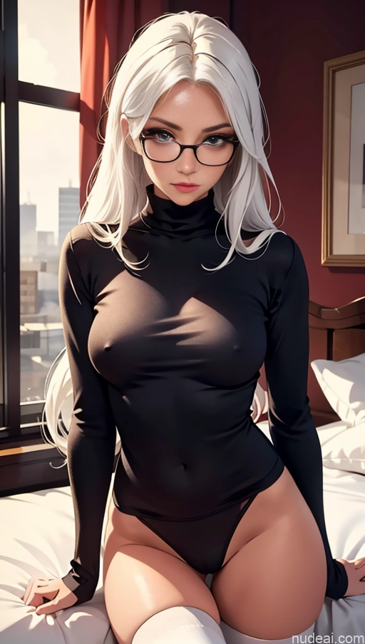 ai nude image of pics of Woman One Beautiful Glasses Skinny Perfect Body Long Legs Perfect Boobs 20s Seductive White Hair White Bedroom Crisp Anime Long Hair Thigh Socks Sweater Panties Casual