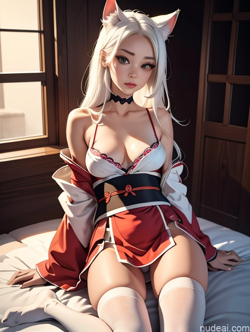 ai nude image of pics of Woman One 20s Seductive Long Hair Bedroom White Hair Ahri, 1girl, Long Hair, Animal Ears, Whisker Markings, Korean Clothes, Cleavage, Detached Sleeves Korean Kimono Thigh Socks Mini Skirt Cosplay Perfect Body Straddling