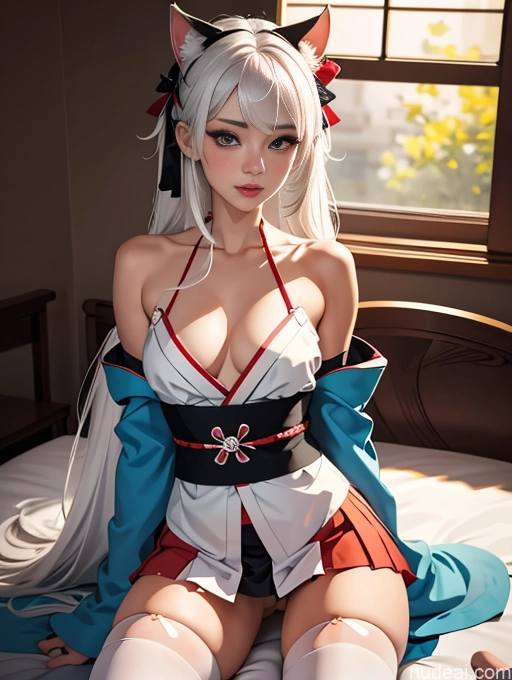 ai nude image of pics of Woman One 20s Seductive Long Hair Bedroom White Hair Ahri, 1girl, Long Hair, Animal Ears, Whisker Markings, Korean Clothes, Cleavage, Detached Sleeves Korean Kimono Thigh Socks Mini Skirt Cosplay Straddling Bows