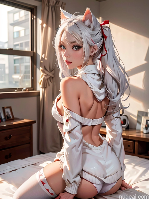 Woman One 20s Seductive Long Hair Bedroom White Hair Ahri, 1girl, Long Hair, Animal Ears, Whisker Markings, Korean Clothes, Cleavage, Detached Sleeves Korean Straddling Bows Thigh Socks Oversized Sweater/Hoodie Panties