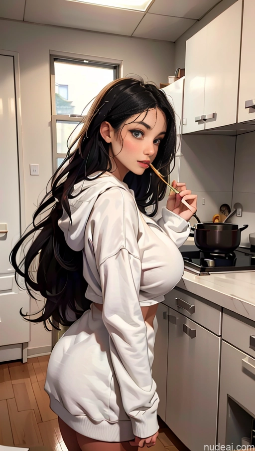 Woman One Huge Boobs Skinny 18 Black Hair Long Hair White Kitchen Eating Oversized Sweater/Hoodie